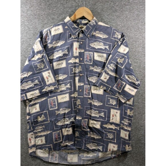 RED HEAD Shirt Mens Short Sleeve Collared Button Up Fish Print Detail Size XL - Picture 1 of 13